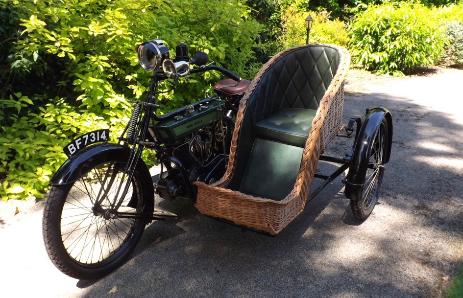 1913 Royal Enfield Model 180 veteran motorcycle with 6hp 770cc V-Twin & side car. Pioneer vintage Royal Enfield combination. Antique motorcycle for sale