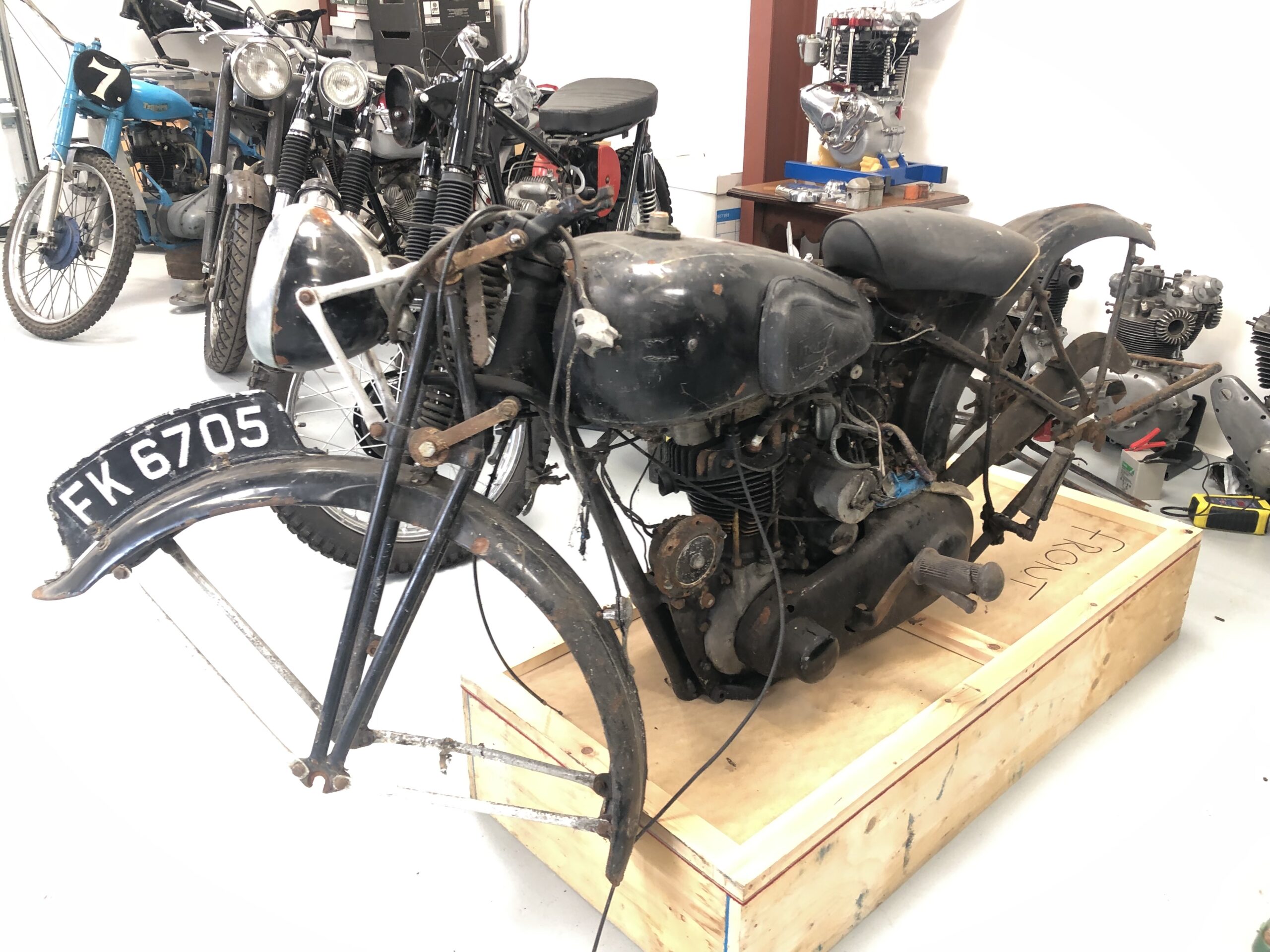 1935 vintage motorcycle Val Page Triumph 250cc 2/1 project with V5. 1930s Rigid frame Triumph for sale with an overhead valve engine. original patina condition