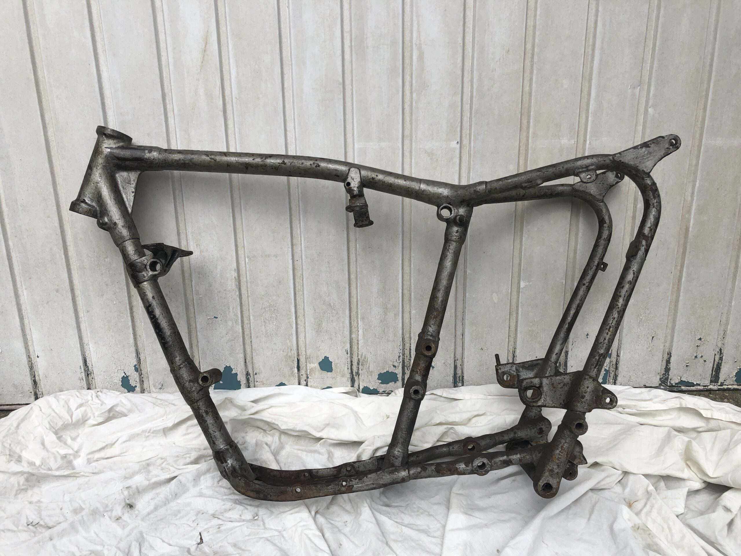 1954 Norton ES2 Frame for sale. Norton vintage motorcycle frame with single front down tube. Could be a Norton Model 18 or Model 7 Dominator.