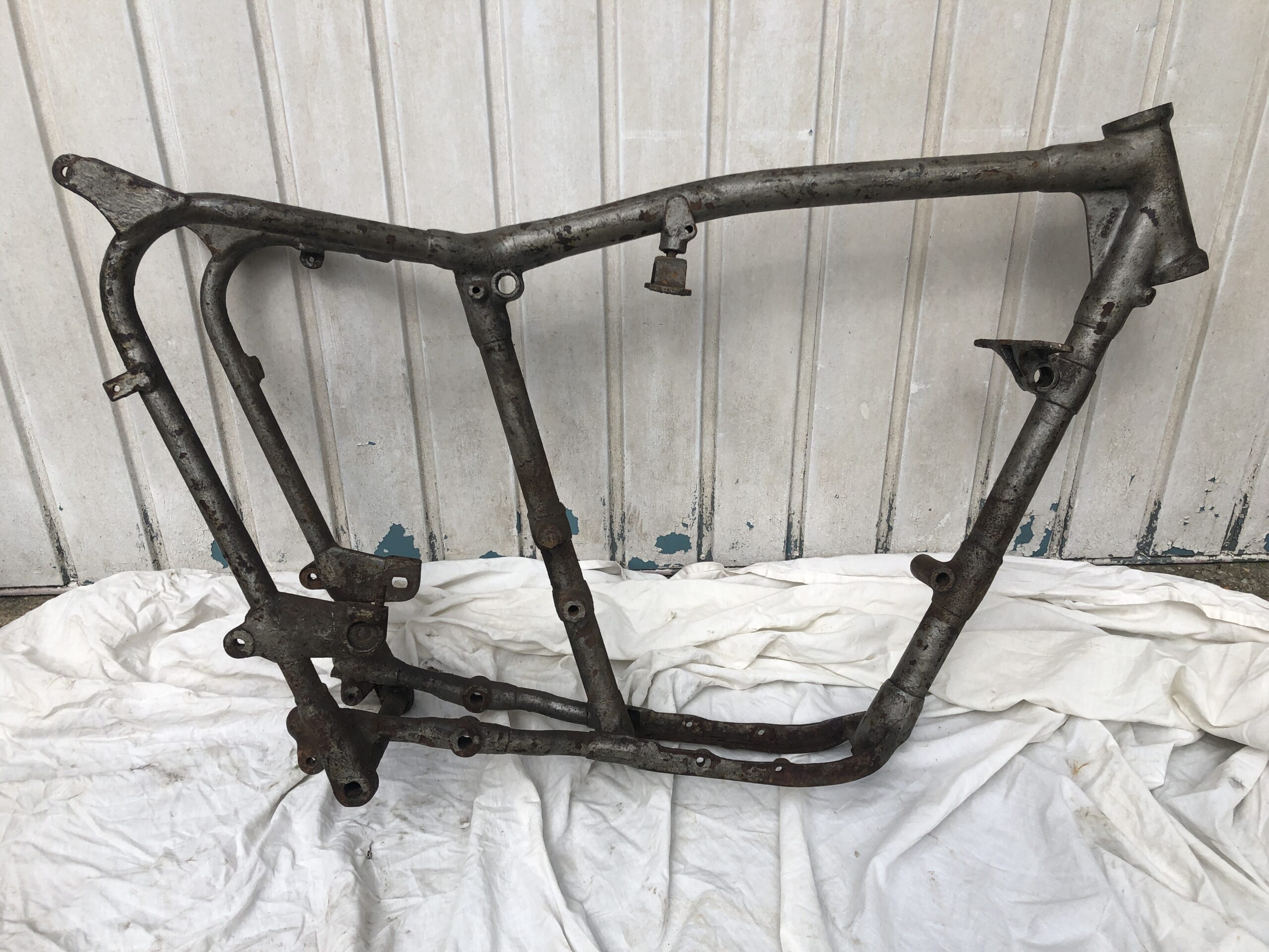 1954 Norton ES2 Frame for sale. Norton vintage motorcycle frame with single front down tube. Could be a Norton Model 18 or Model 7 Dominator.