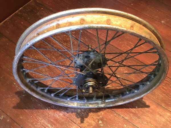 Front or rear Girder Fork Norton wheel hub & spindle. Norton vintage motorcycle original hub & wheel for sale. Prewar Norton wheel.