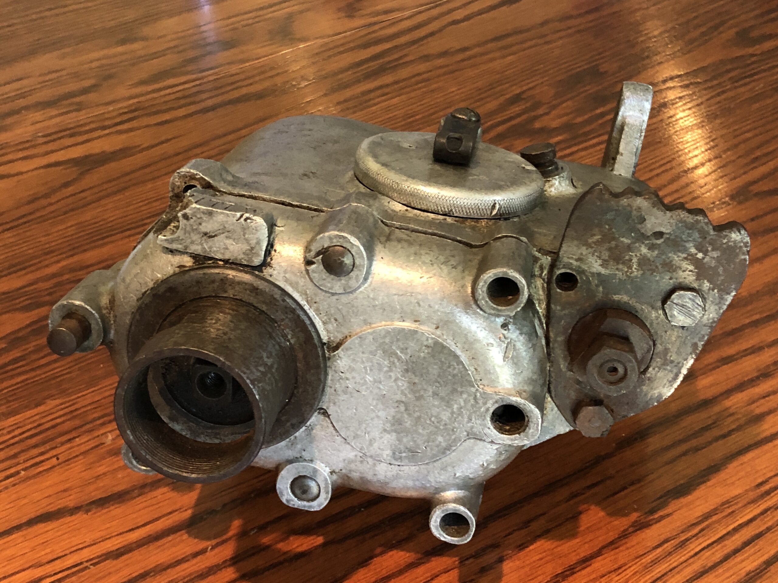 Vintage motorcycle Scott 3 Speed hand change gearbox. Possibly Wide Ratio for sidecar motorbikes. Antique motorcycle transmission for a Scott Squirrel.