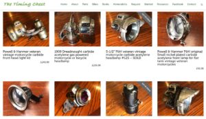 Lucas rear carbide lamp Model B116 and other vintage and veteran carbide acetylene lamps for flat tank antique motorcycles 