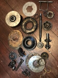 1920s James V-Twin motorcycle clutch & gearbox components. Model 12 James twin vintage motorbike parts for sale. James clutch parts & gearbox spares