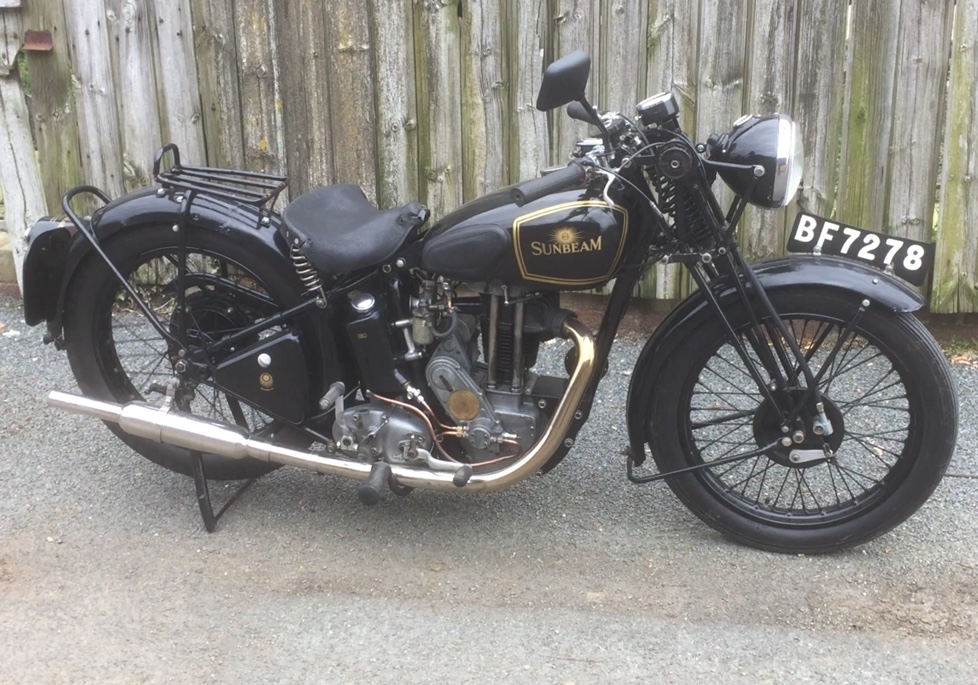 antique british motorcycles running. Vintage 1930s prewar british motorbikes. Sunbeam rigid frame motorbike with girder forks