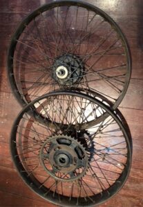 Pair of Veteran & Vintage Royal Enfield Motorcycle Wheels Beaded edge & hubs Wheel Dia 22.5" approx. For Model 200 201 201a 2 Stroke lightweight RE motorbikes