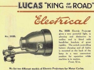 Lucas R40 MB31 brass headlight with ammeter & rear switch.1925 Lucas King of the Road SS35 electric light for motorcycles.