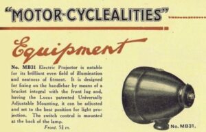 1925 Lucas King of the Road MB31 electric light for motorcycles. Replacing Carbide acetylene lamps